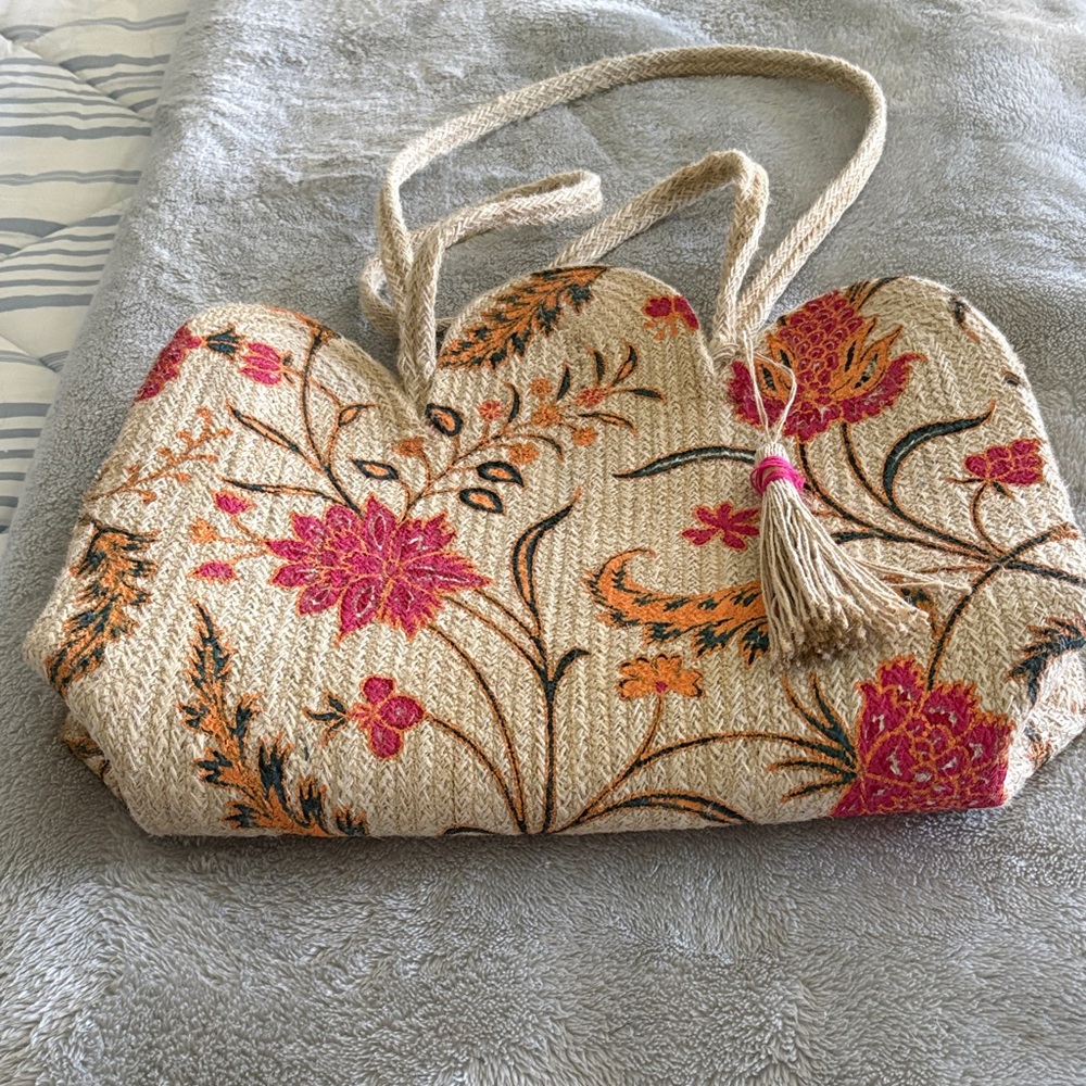 Antik Kraft Natural Straw Tote with Pink & Orange Floral